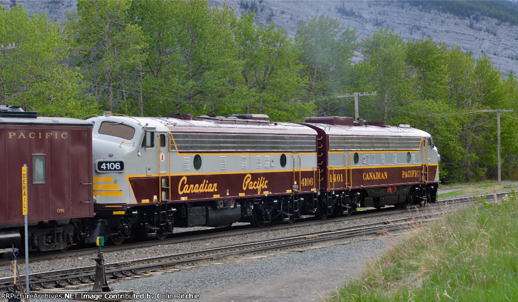 CP 1401/4106, the Royal Canadian Pacific Business Train, W/B through Exshaw, heading for Banff, Alberta.